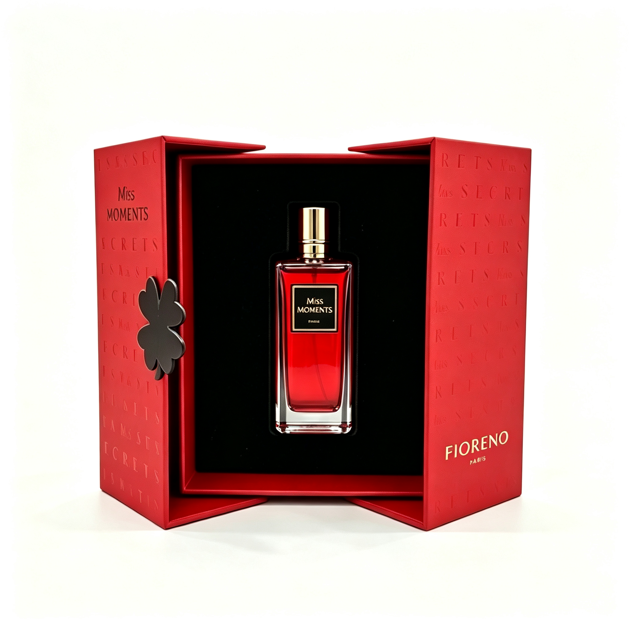 Double-door Rigid Box for Perfume Packaging Double door rigid perfume packaging box with black flocked insert securing a perfume bottle, symmetrical double-opening structure